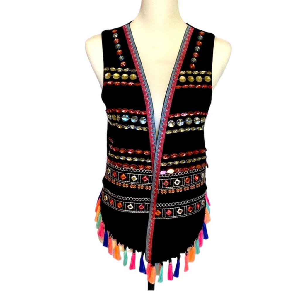 Wild & Pretty funky black vest w/multicolor tassels, pink & gold bejeweled